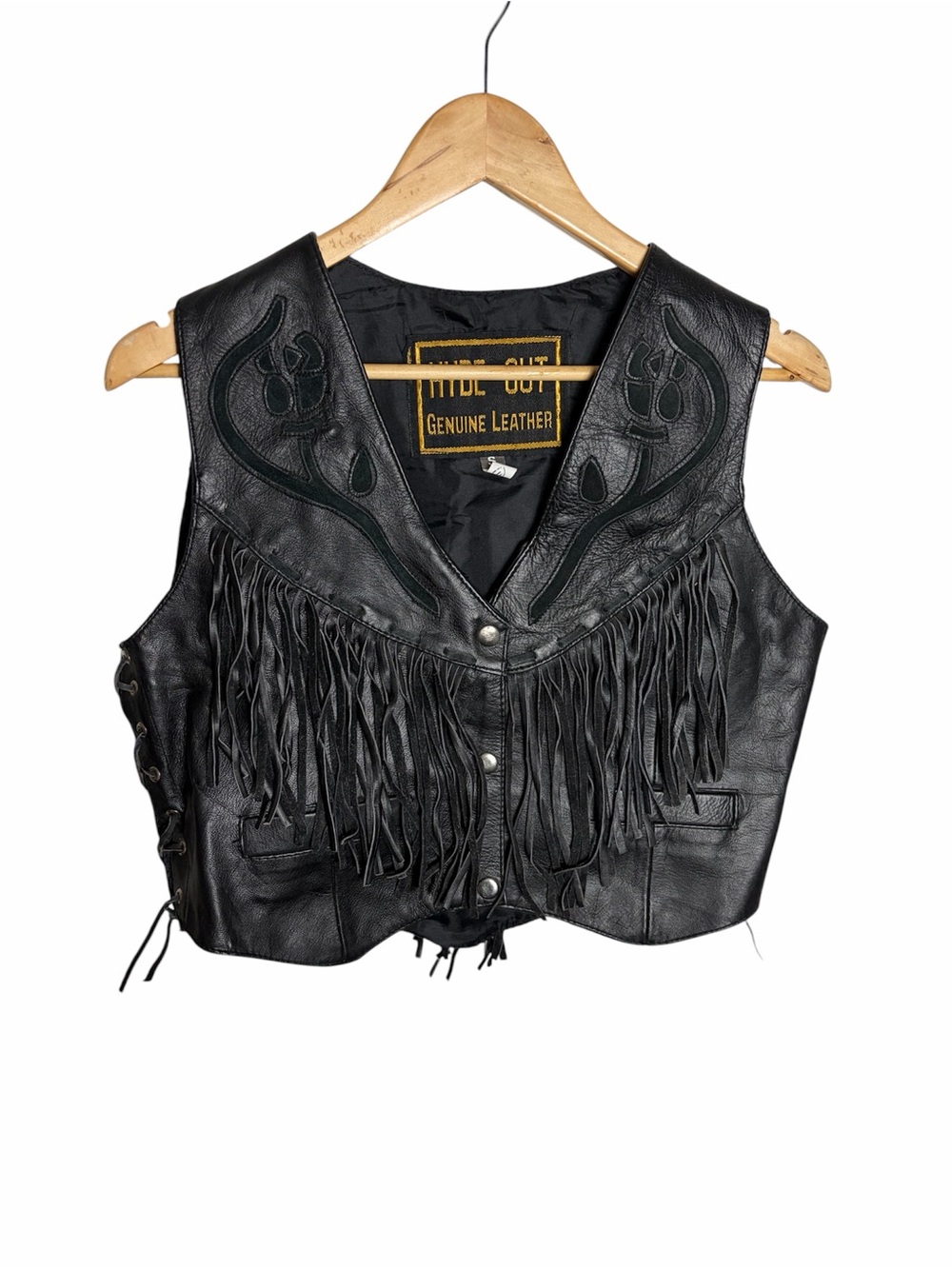 Vintage Hyde out black floral leather fringe cropped biker vest size S